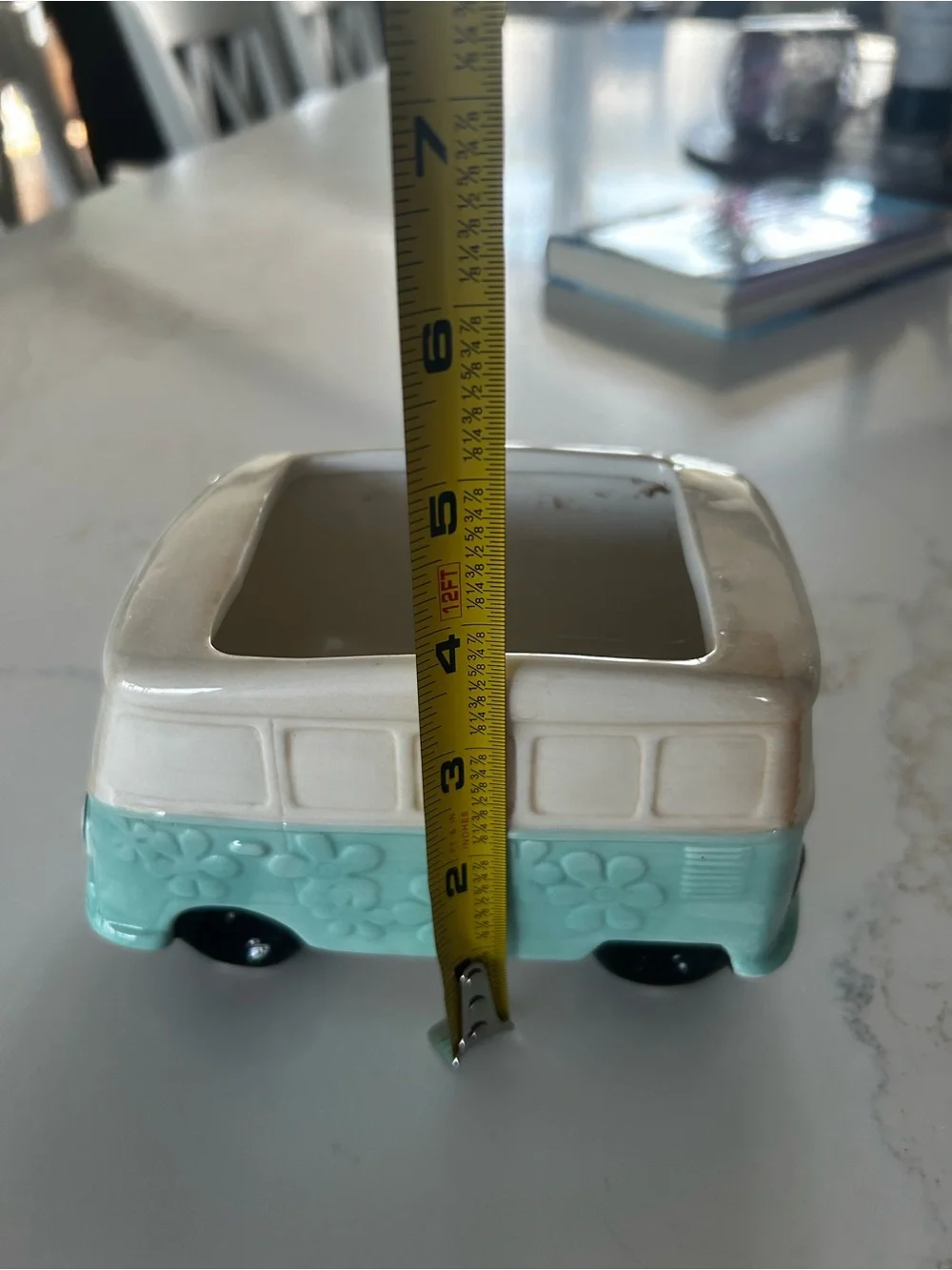 Ceramic Flower VW Bus Planter - Cream and Aqua